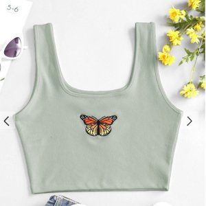 Green Cropped Tank Top W/ Butterfly